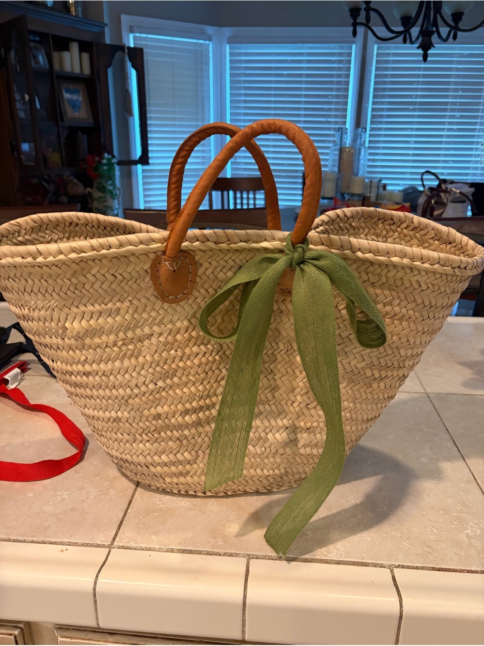 NWOT Woven Straw Tote Bag with Green Bow